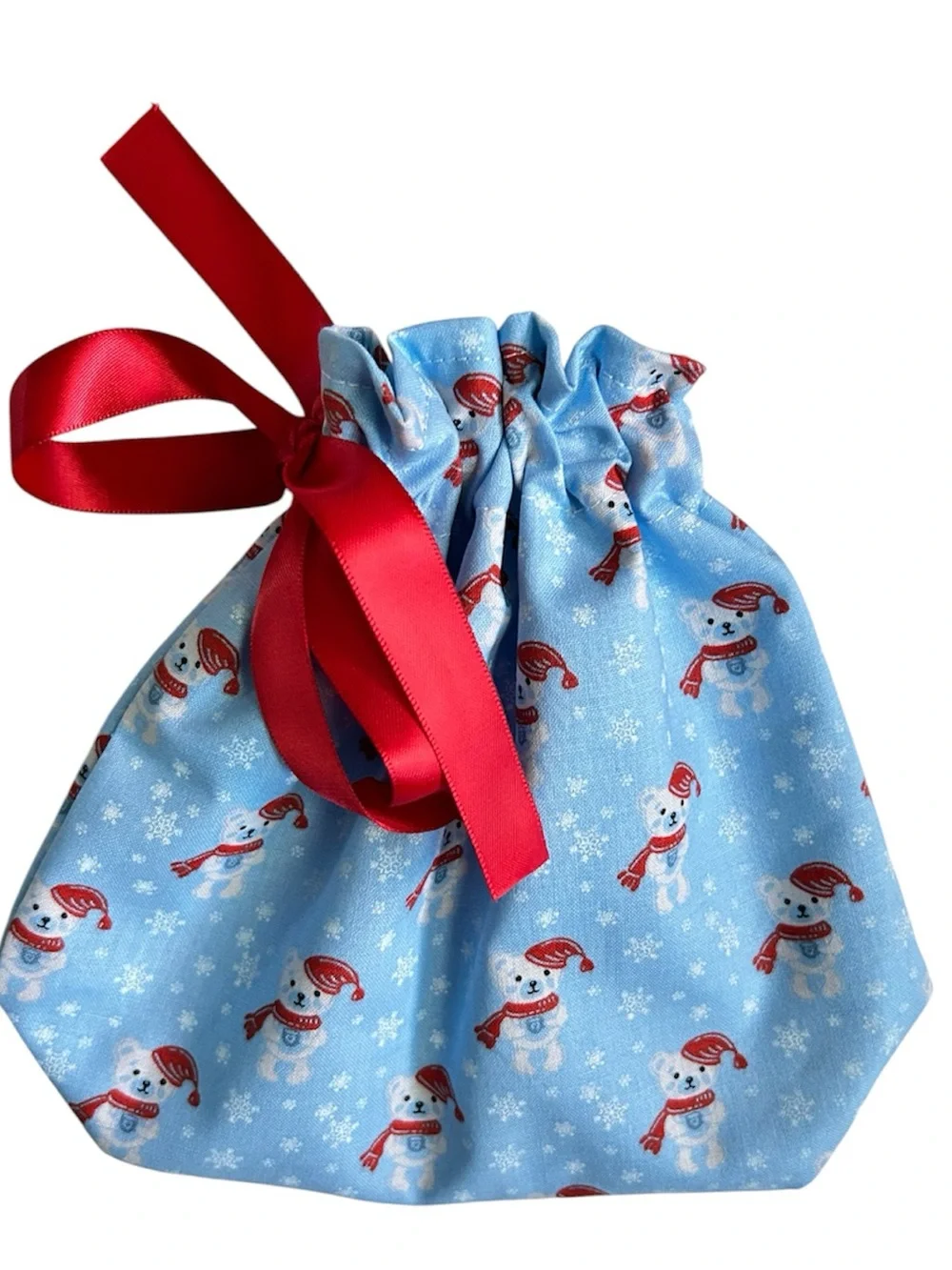 Hand Crafted Blue Snowman Drawstring Gift Bag Red Ribbon Eco Friendly Reusable